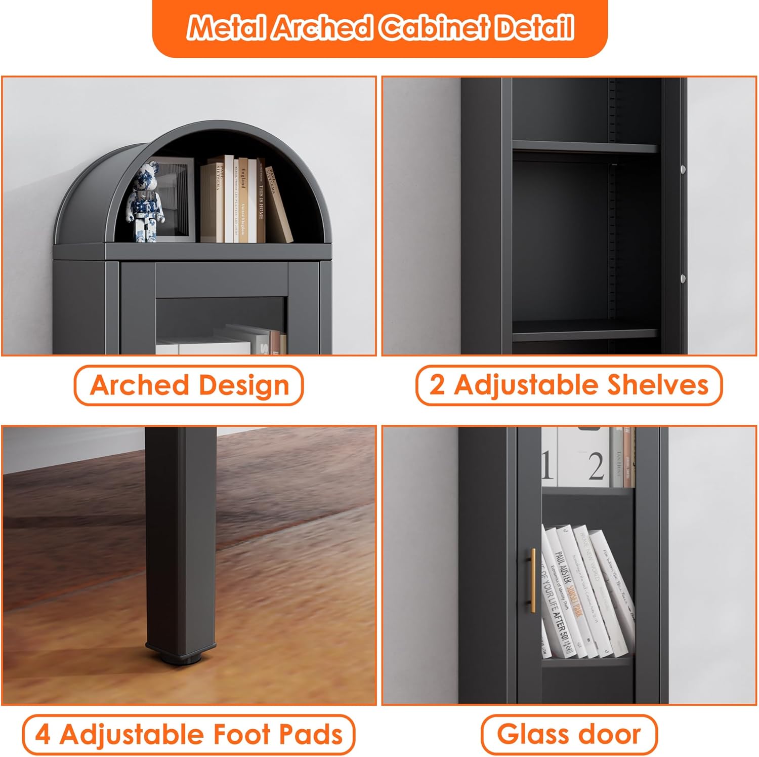 63" H Metal Arched Display Cabinet with 2 Adjustable Shelves, Arch Bookcase with 1 Glass Door for Dining Room, Living Room, Office, Bathroom, Assembly Required (Black)