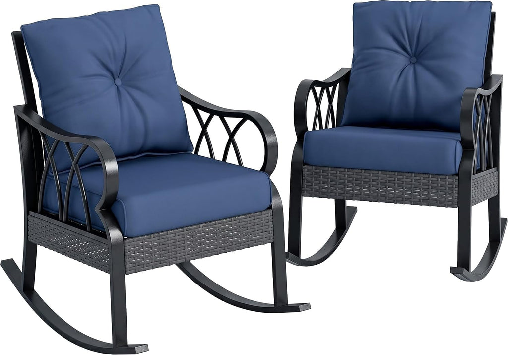 Outsunny 2 Piece Outdoor Wicker Rocking Chairs with Padded Cushions, Aluminum Furniture Rattan Porch Rocker Chairs w/Armrest for Garden, Patio, and Backyard, Blue