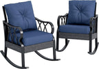 Outsunny 2 Piece Outdoor Wicker Rocking Chairs with Padded Cushions, Aluminum Furniture Rattan Porch Rocker Chairs w/Armrest for Garden, Patio, and Backyard, Blue