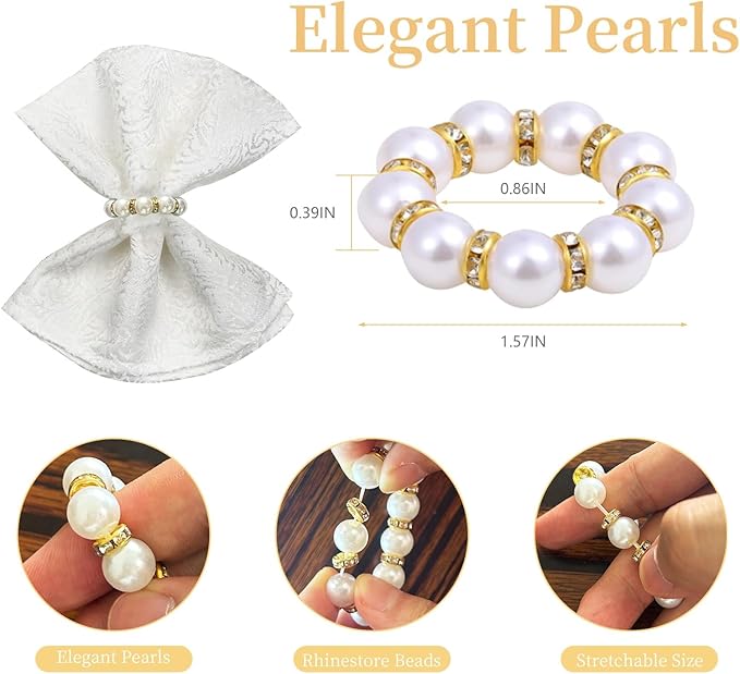 100 Pcs Gold Disposable Napkin Rings, Delicate Pearl Napkin Ring Holder, White & Golden Beaded Serviette Buckles for Formal Wedding Dinner Home Decor Party Supplies