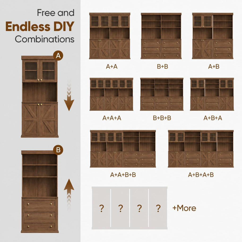 71" Farmhouse Kitchen Pantry Cabinet with Drawers, Set of 4 – Dark Brown Freestanding Coffee Bar Hutch with Adjustable Shelves, Large Storage Cabinet with Microwave Stand for Living Room & Kitchen