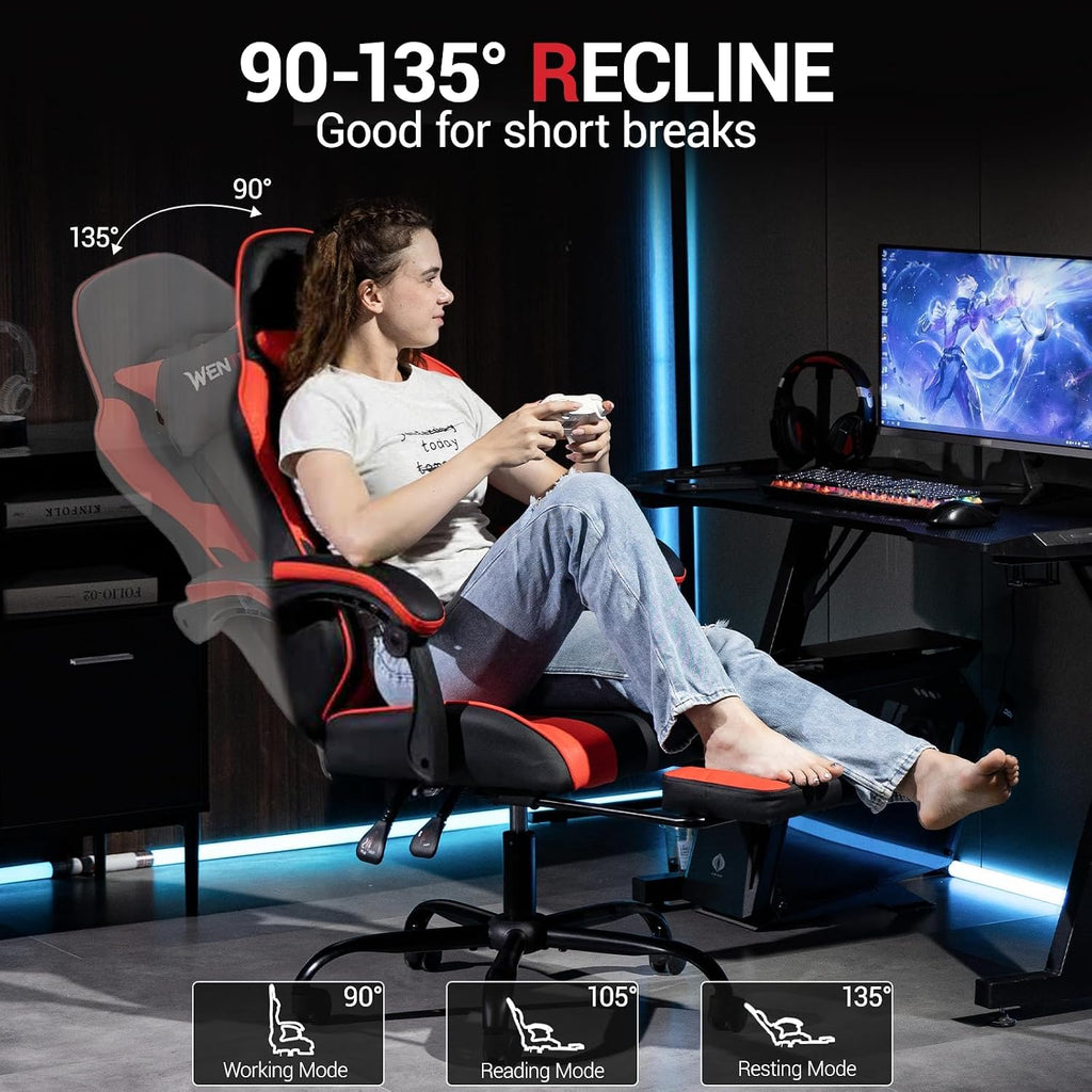 Gaming Chair with Footrest for Adults, PU Leather Massage Racing Video Game Chair w/Lumbar Support for Men Women, Ergonomic Computer Gamer Chair for Home Office, Height Adjustable, Red