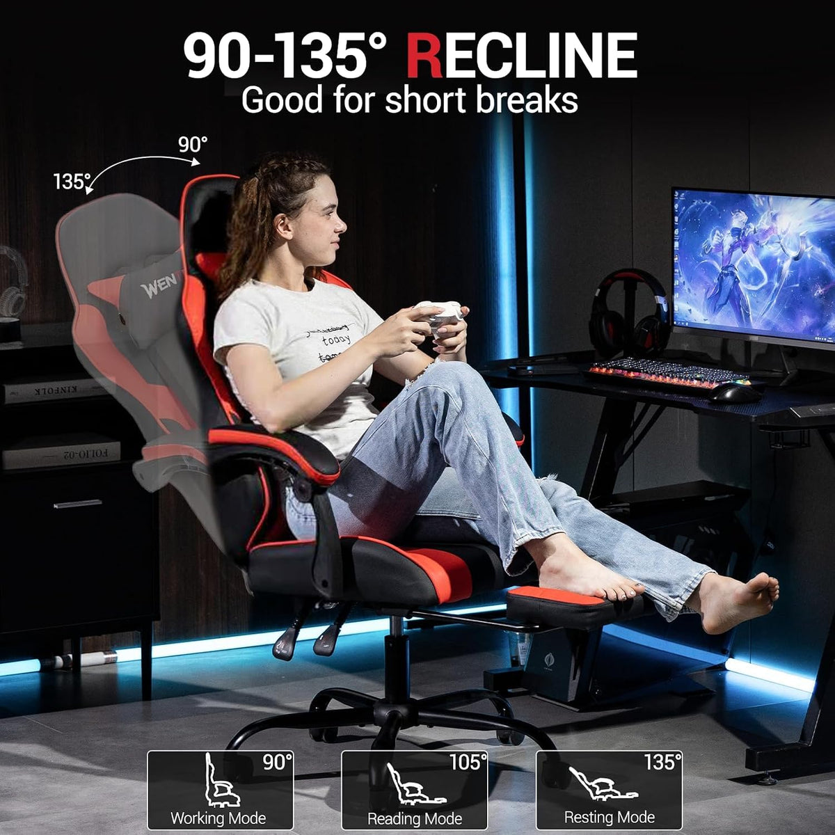 Gaming Chair with Footrest for Adults, PU Leather Massage Racing Video Game Chair w/Lumbar Support for Men Women, Ergonomic Computer Gamer Chair for Home Office, Height Adjustable, Red