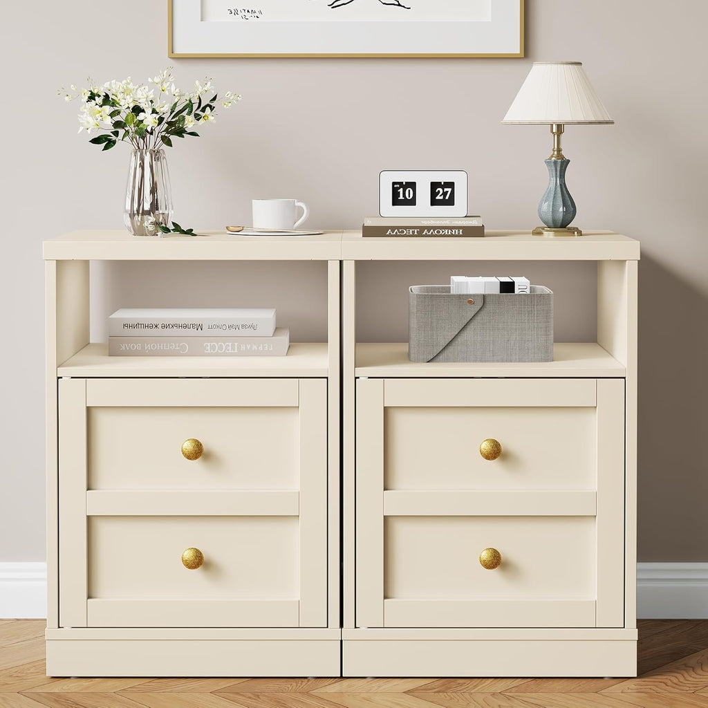 RoyalCraft End Table Set of 2, Nightstand with Storage Shelf and Door, Faux Two-Drawer Design Side Table, Wood Beside Table for Small Spaces, Modern NightStand for Living Room Bedroom Dorm, Beige