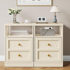 RoyalCraft End Table Set of 2, Nightstand with Storage Shelf and Door, Faux Two-Drawer Design Side Table, Wood Beside Table for Small Spaces, Modern NightStand for Living Room Bedroom Dorm, Beige