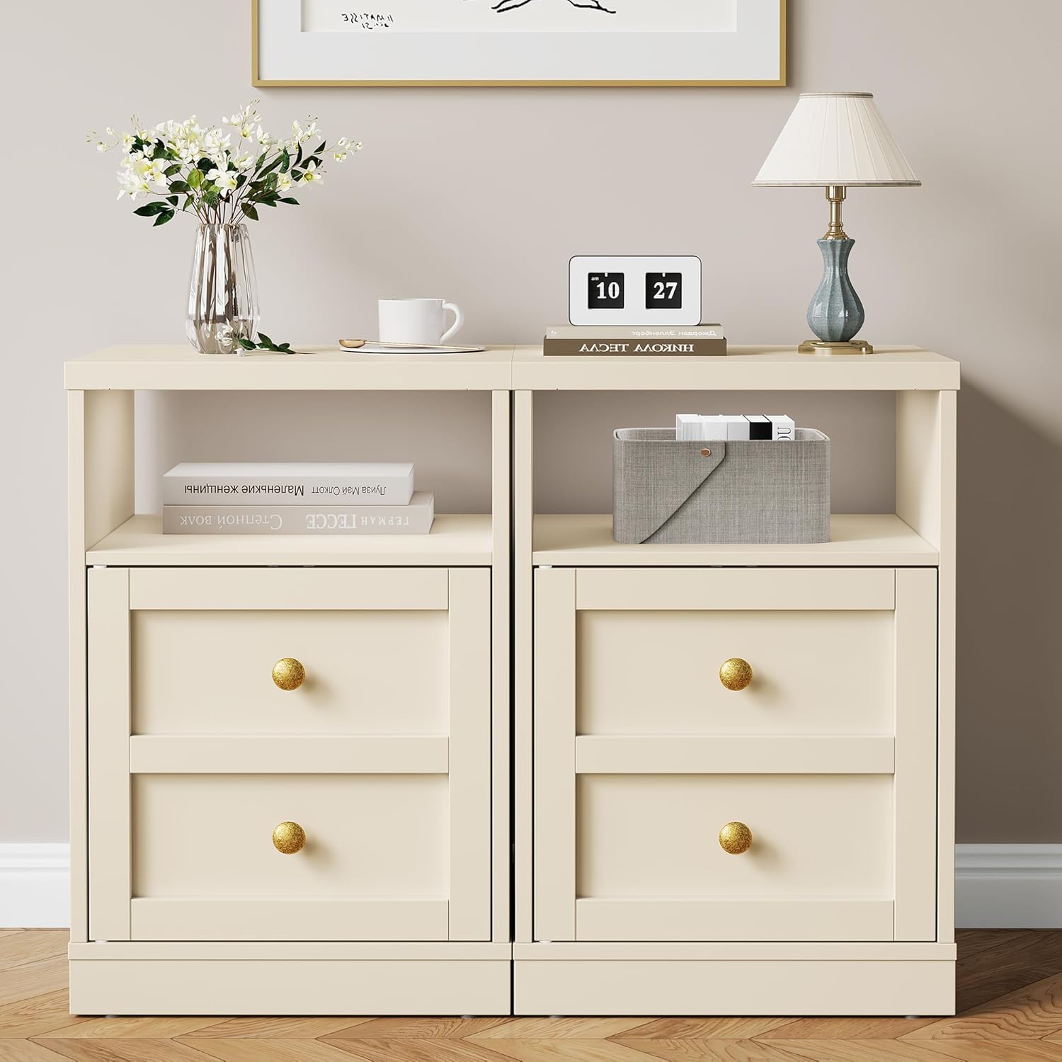 RoyalCraft End Table Set of 2, Nightstand with Storage Shelf and Door, Faux Two-Drawer Design Side Table, Wood Beside Table for Small Spaces, Modern NightStand for Living Room Bedroom Dorm, Beige