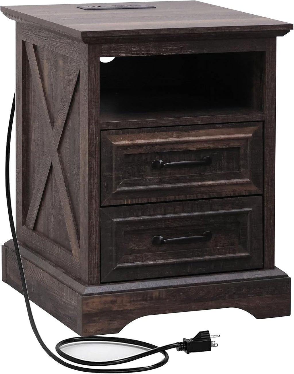 ALBAD Farmhouse Nightstand with Charging Station Rustic Bedside Table with 2 Drawers and Cubby Storage End Table with Metal Handle for Bedroom Office, Walut Brown
