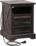 ALBAD Farmhouse Nightstand with Charging Station Rustic Bedside Table with 2 Drawers and Cubby Storage End Table with Metal Handle for Bedroom Office, Walut Brown