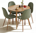 Small Oak Round Dining Table Set for 4, Modern 35'' Kitchen Coffee Table with 4 Green Velvet Dining Chairs for Dining Room Apartment