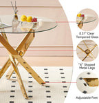 5-Piece Dining Room Table Set, Modern 36" Round Gold Glass Dining Table Set for 4, Kitchen and Dining Table Set with 4 White PU Leather Dining Chairs for Dining Room Kitchen
