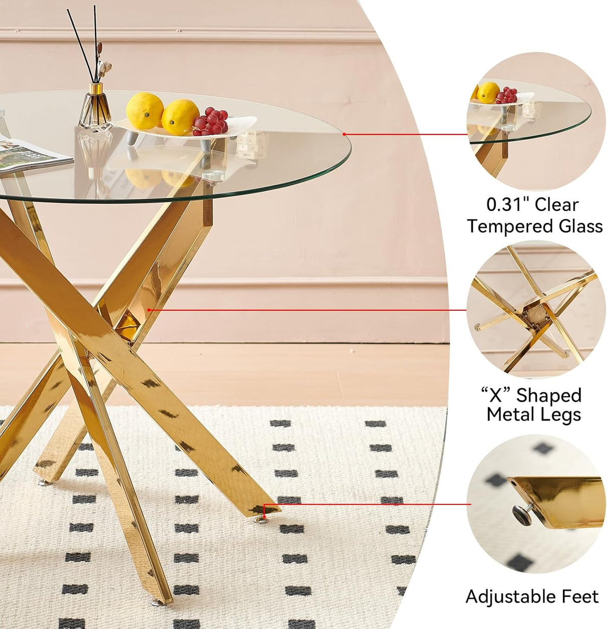 5-Piece Dining Room Table Set, Modern 36" Round Gold Glass Dining Table Set for 4, Kitchen and Dining Table Set with 4 White PU Leather Dining Chairs for Dining Room Kitchen