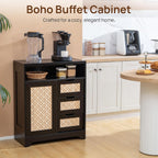 ALBAD Boho Chic Rattan Sideboard Buffet Cabinet with Sliding Doors & Drawers, Farmhouse Credenza Coffee Bar Storage Console Table for Kitchen, Living Room, Entryway, Dining Room (Black)