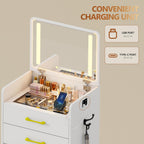 Small Makeup Vanity Desk with Flip up Mirror and Lights(White) | 3 in 1 Vanity Table with Charging Station,Glass Top,3 Drawers,Compact Dressing Table with Wheel Storage Stool for Bedroom