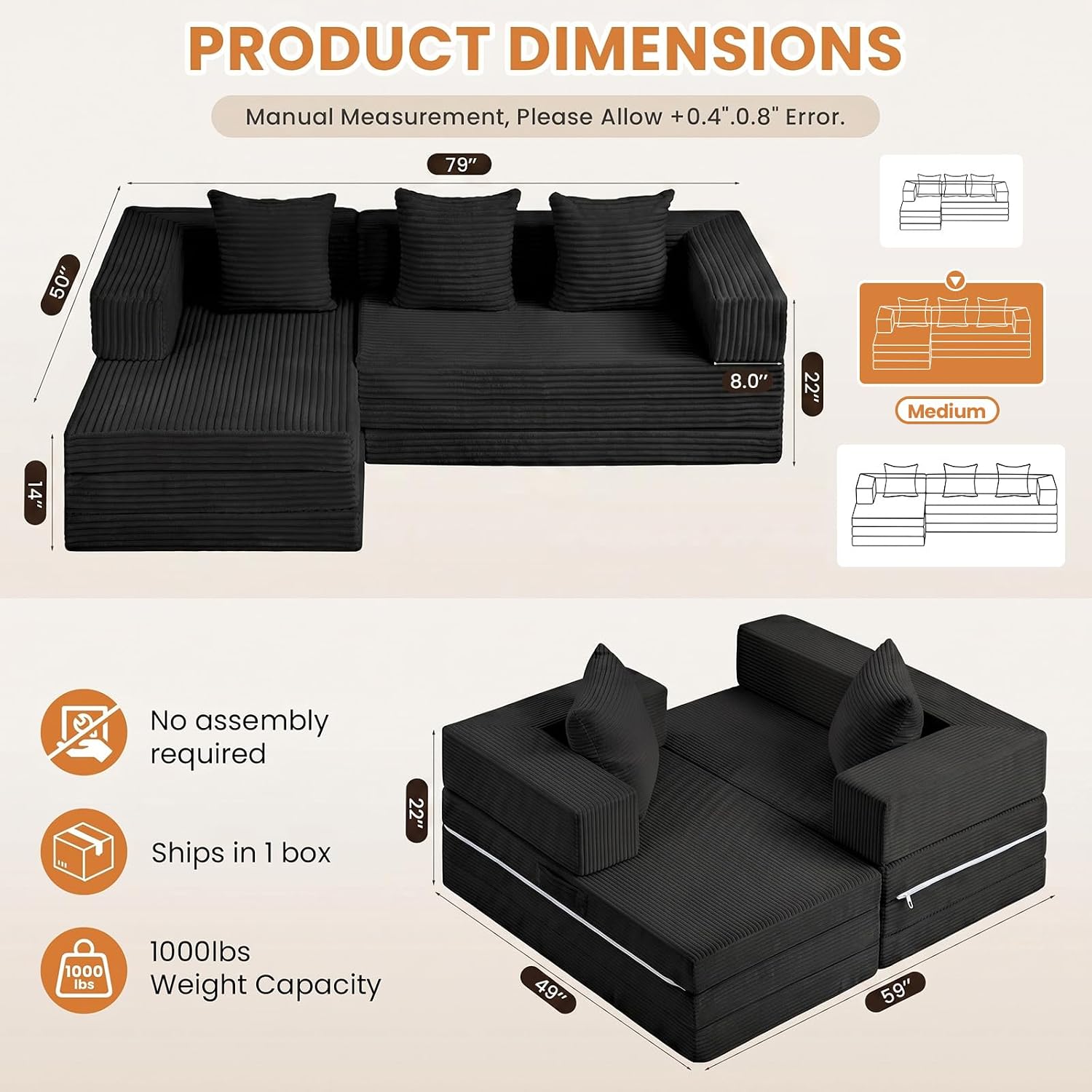 79" Modular Sectional Sofa, Convertible Sleeper Sofa Bed, Modern Tri-Folding Cloud Couch with L-Shape Chaise, Corduroy Futon for Living Room Small Spaces Apartment, No Assembly