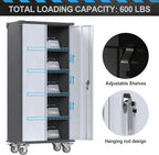 Rolling Garage Storage Cabinet with Locking Door and Shelves, 71''H Lockable Metal Storage Cabinet on Wheels, Steel Tool Cabinet for Warehouse, Basement, Utility Room, Black&Gray