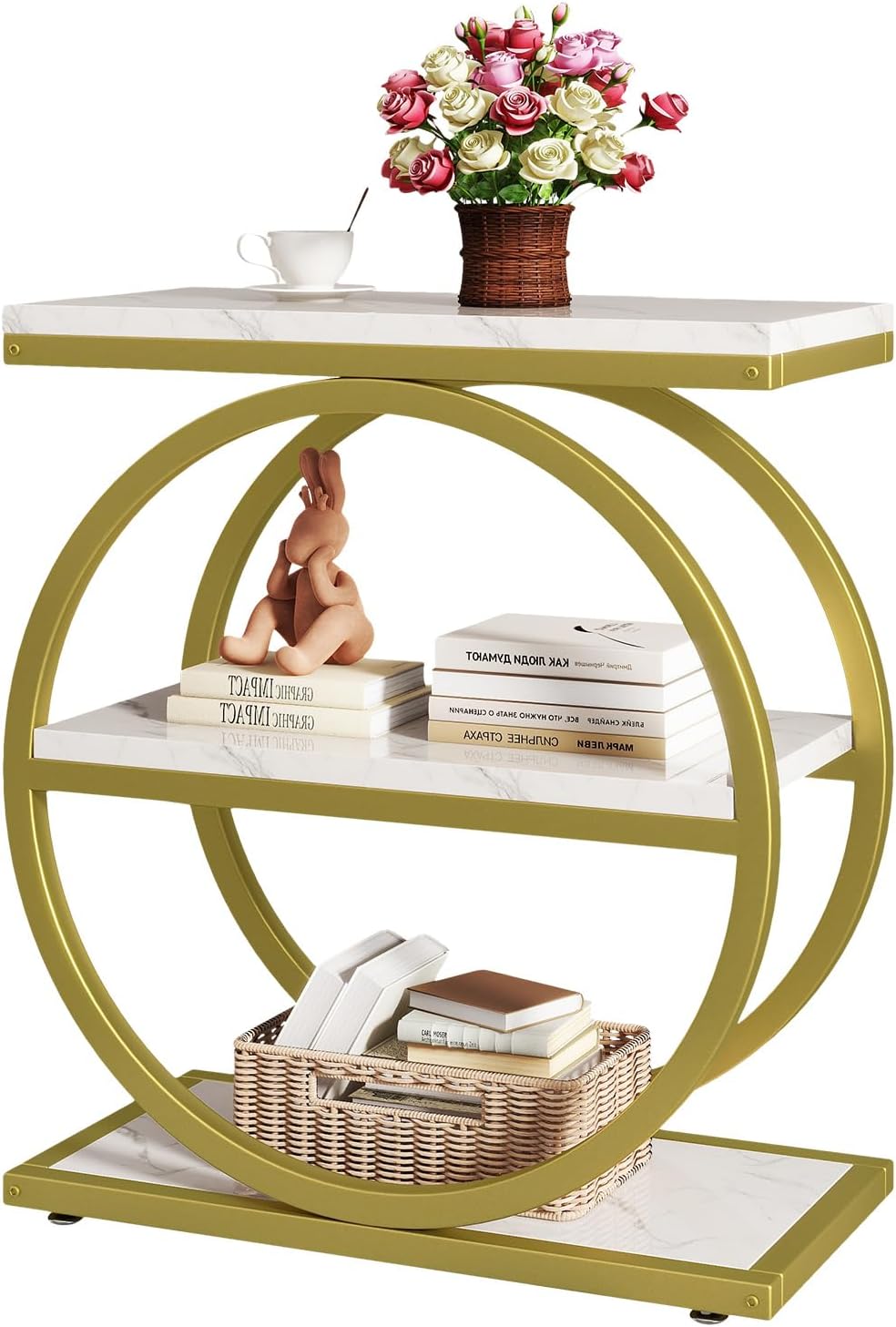 IBUYKE Narrow End Table with 3 Storage Shelves, Industrial Sofa Side Table, Double Round Metal Frames, Slim Nightstand and Bedside Table for Bedroom, Living Room, White with Gold UTMJ418G