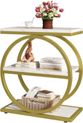 IBUYKE Narrow End Table with 3 Storage Shelves, Industrial Sofa Side Table, Double Round Metal Frames, Slim Nightstand and Bedside Table for Bedroom, Living Room, White with Gold UTMJ418G