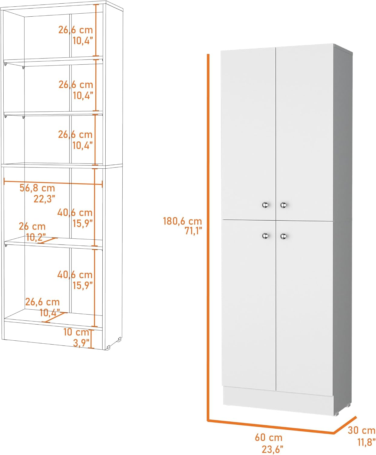 Pantry Cabinet with 4 Doors and 5 Hidden Shelves