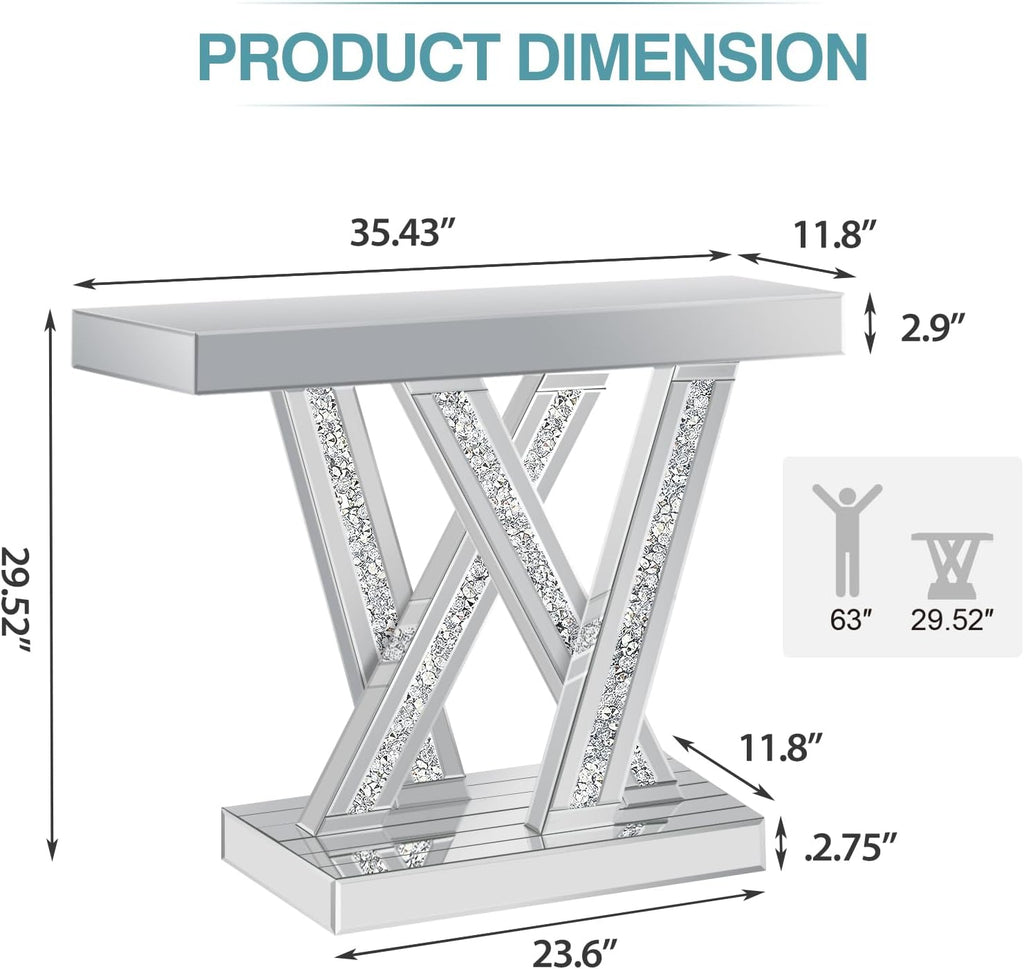 Modern Entryway Console Table with Crushed Diamond Inlay, 35.43" Silver Mirrored Glass Hallway Table for Entryway, Glam Decorative Sofa Tables for Living Room