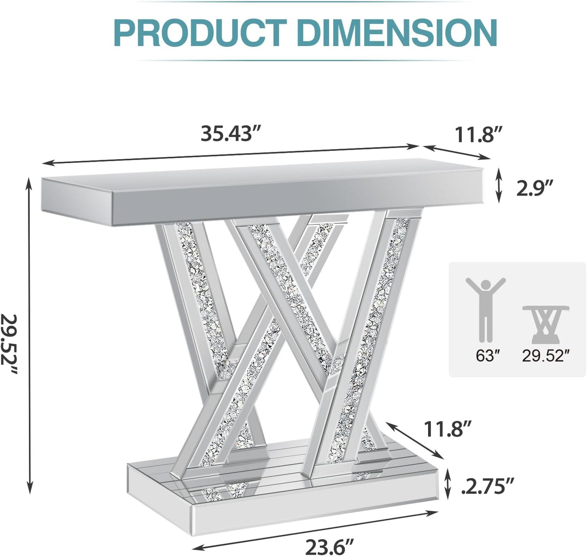 Modern Entryway Console Table with Crushed Diamond Inlay, 35.43" Silver Mirrored Glass Hallway Table for Entryway, Glam Decorative Sofa Tables for Living Room