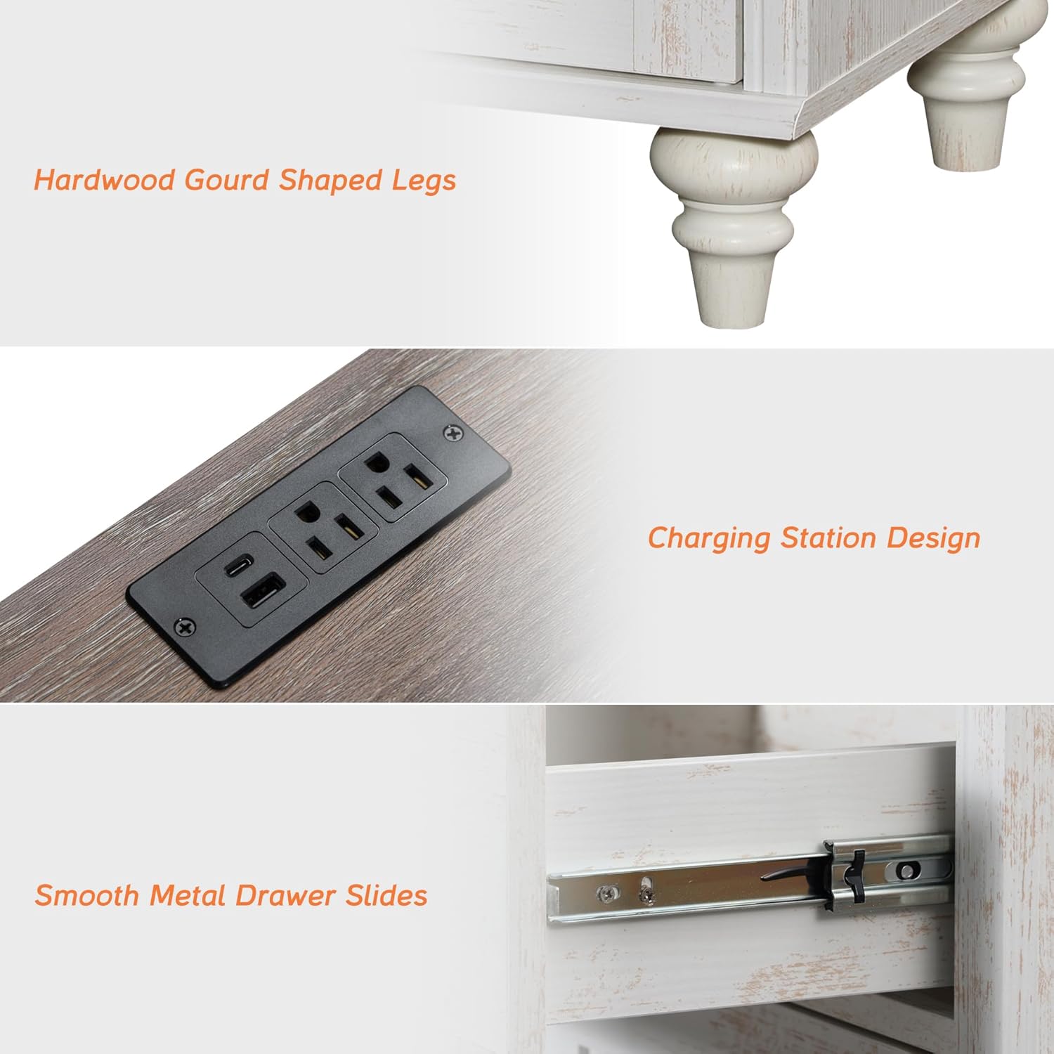 WAMPAT Set of 2 End Table with Charging Station, Wood Nightstands with Drawer and Storage Cabinet, Modern Side Tables Living Room, Farmhouse Night Stands Bedside Table for Bedroom, Rustic White