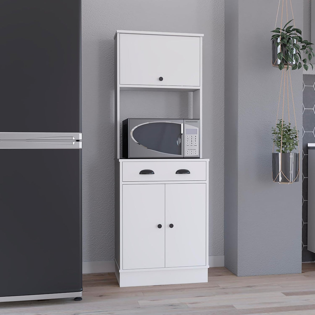 Apex Kitchen Pantry 66.3" H with Drawer, 2 Cabinets, and Microwave Stand, White