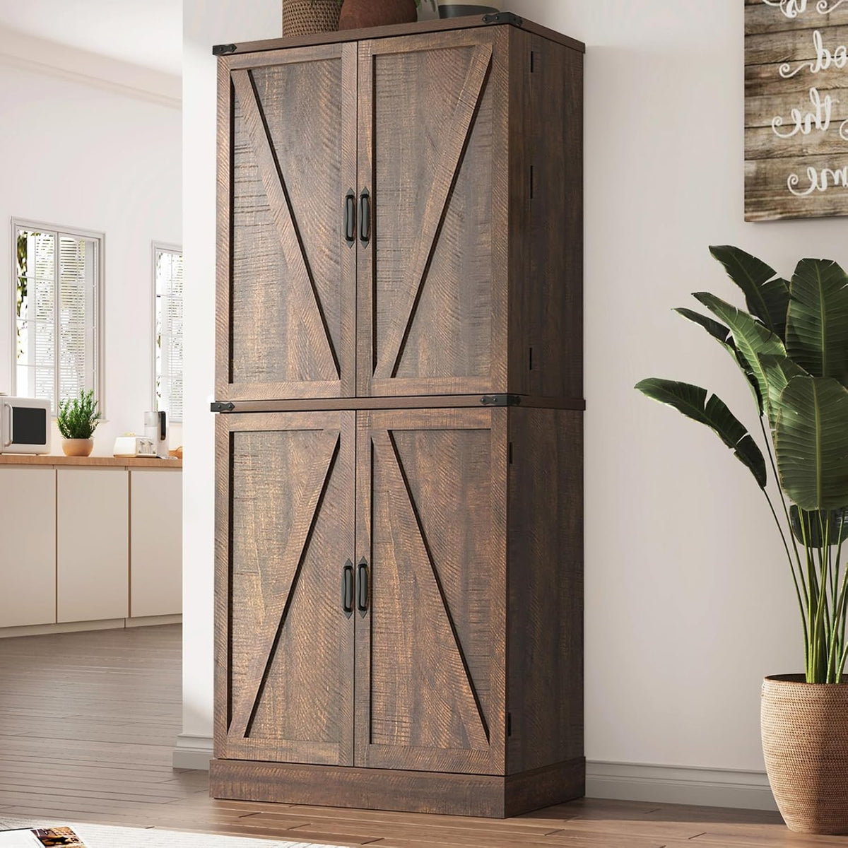 Hlivelood Farmhouse Kitchen Pantry Cabinet with 3 Drawers,71" Tall Rustic Wood Storage Cabinet with 6 Door Shelves,with Load-Bearing Steel Pipe,Pantry Organizers for Kitchen,Dining Room(Rustic Brown)