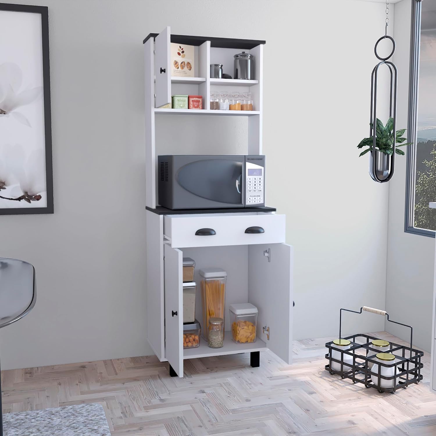 Salem Kitchen Pantry with 2 Cabinets, 2 Open Shelves, and Drawer