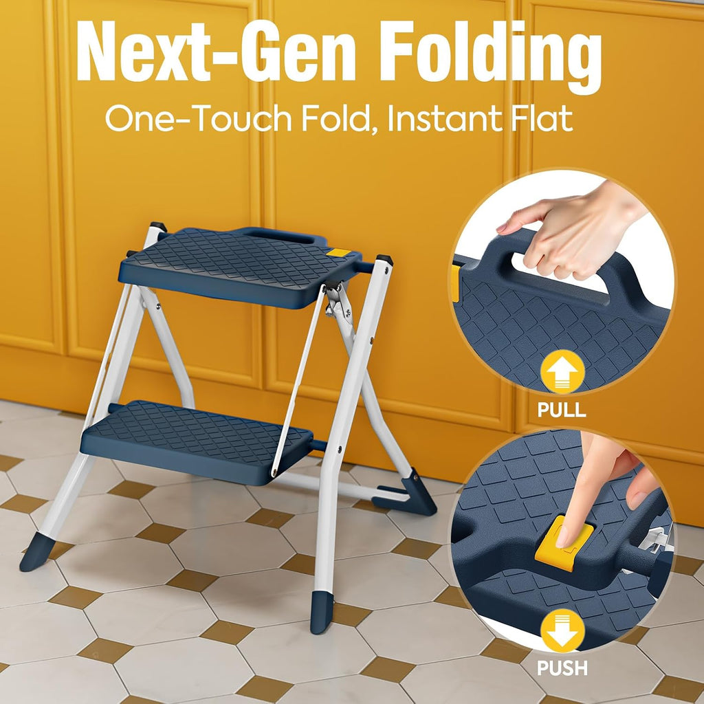 URACKIFY 2 Step Stool Ladder, Folding Step Ladders for Home, 330lb Cap,Blue | Non-Slip Feet, Release Button for Safety, Lightweight Foldable Step Stool for Kitchen & Farage Use. Easy to Carry & Store