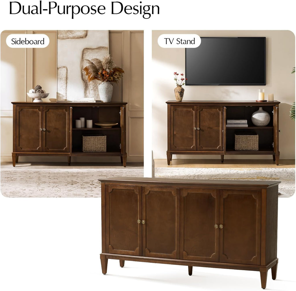 HULALA HOME Mid-Century Modern Sideboard Cabinet, 4-Door Storage Buffet, 58" W x 15.75" D x 32.2" H, Adjustable Shelves, Solid Rubberwood Legs(Walnut)