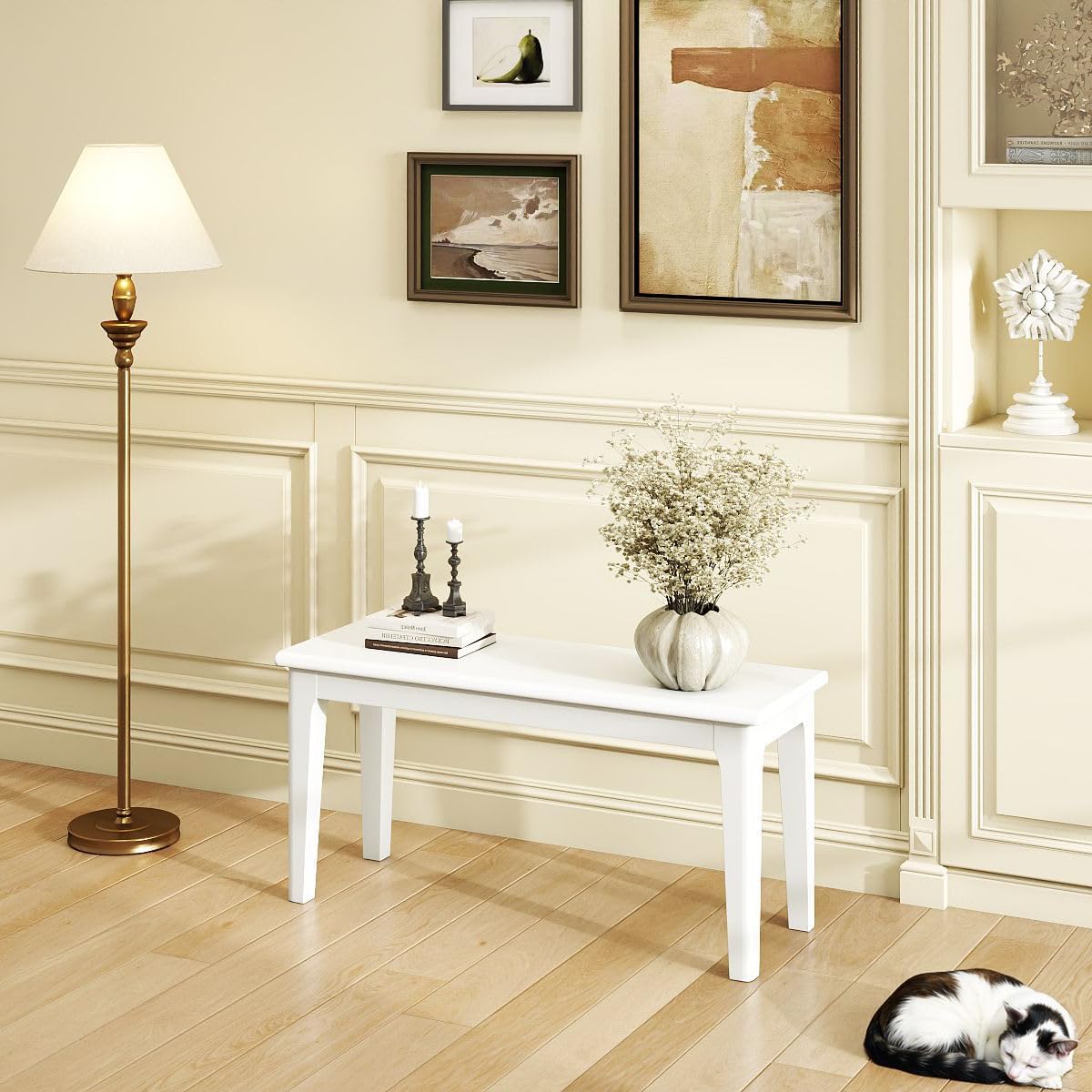Dining Bench 39.4" Solid Oak Wooden Bed End＆Entryway Bench for Living Room Bedroom Kitchen(White)