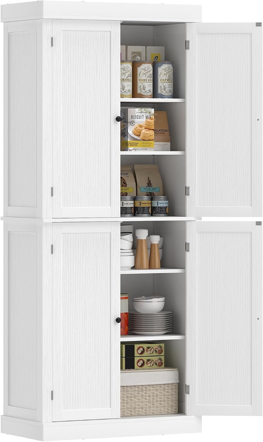 HOMCOM 72.5" Tall Kitchen Pantry Cabinet, Freestanding Modern Farmhouse Kitchen Storage Cabinet with 4 Doors and 2 Adjustable Shelves for Dining Room, White Wood Grain
