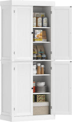 HOMCOM 72.5" Tall Kitchen Pantry Cabinet, Freestanding Modern Farmhouse Kitchen Storage Cabinet with 4 Doors and 2 Adjustable Shelves for Dining Room, White Wood Grain