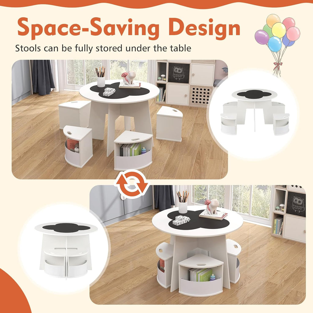 HONEY JOY White Kids Table and Chair Set, Children Activity Play Table with 4 Storage Stools for Art Craft, Nesting Design Toddler Table and Chair Set for Playroom, Daycare, Gift for Boys Girls