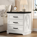 knoworld 24 Inch Wide Farmhouse Nightstands Set of 2 with Charging Station, White Nightstand with 3 Large Drawers, Rustic Wood End Table for Bedroom