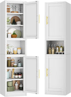 Tokawa 67” Tall Slim Storage Cabinet, 12 Inch Deep x 16 Inch Wide Metal Pantry with Open Middle Shelf, Narrow Kitchen Utility Cabinet with Gold Handles, White