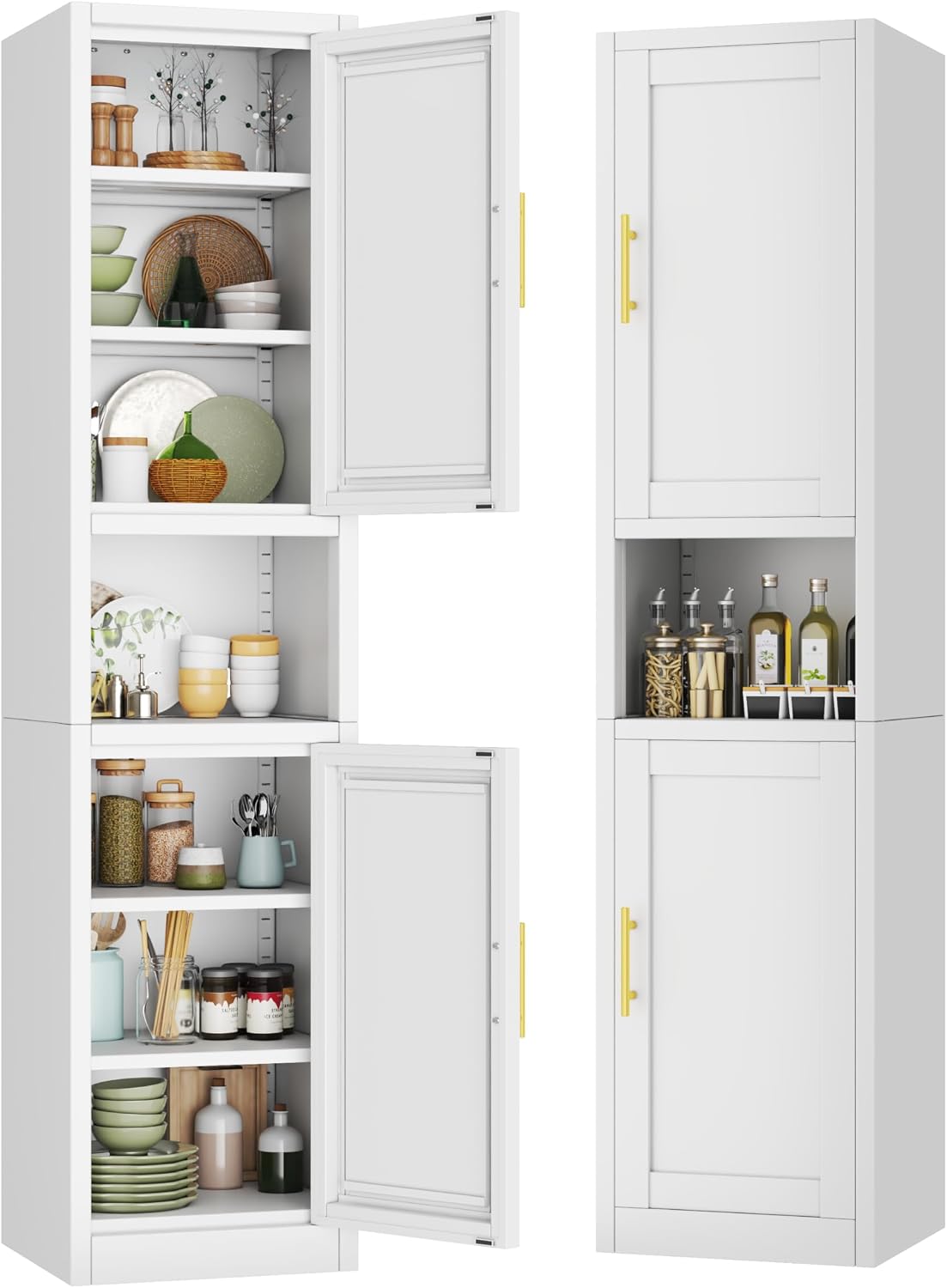 Tokawa 67” Tall Slim Storage Cabinet, 12 Inch Deep x 16 Inch Wide Metal Pantry with Open Middle Shelf, Narrow Kitchen Utility Cabinet with Gold Handles, White
