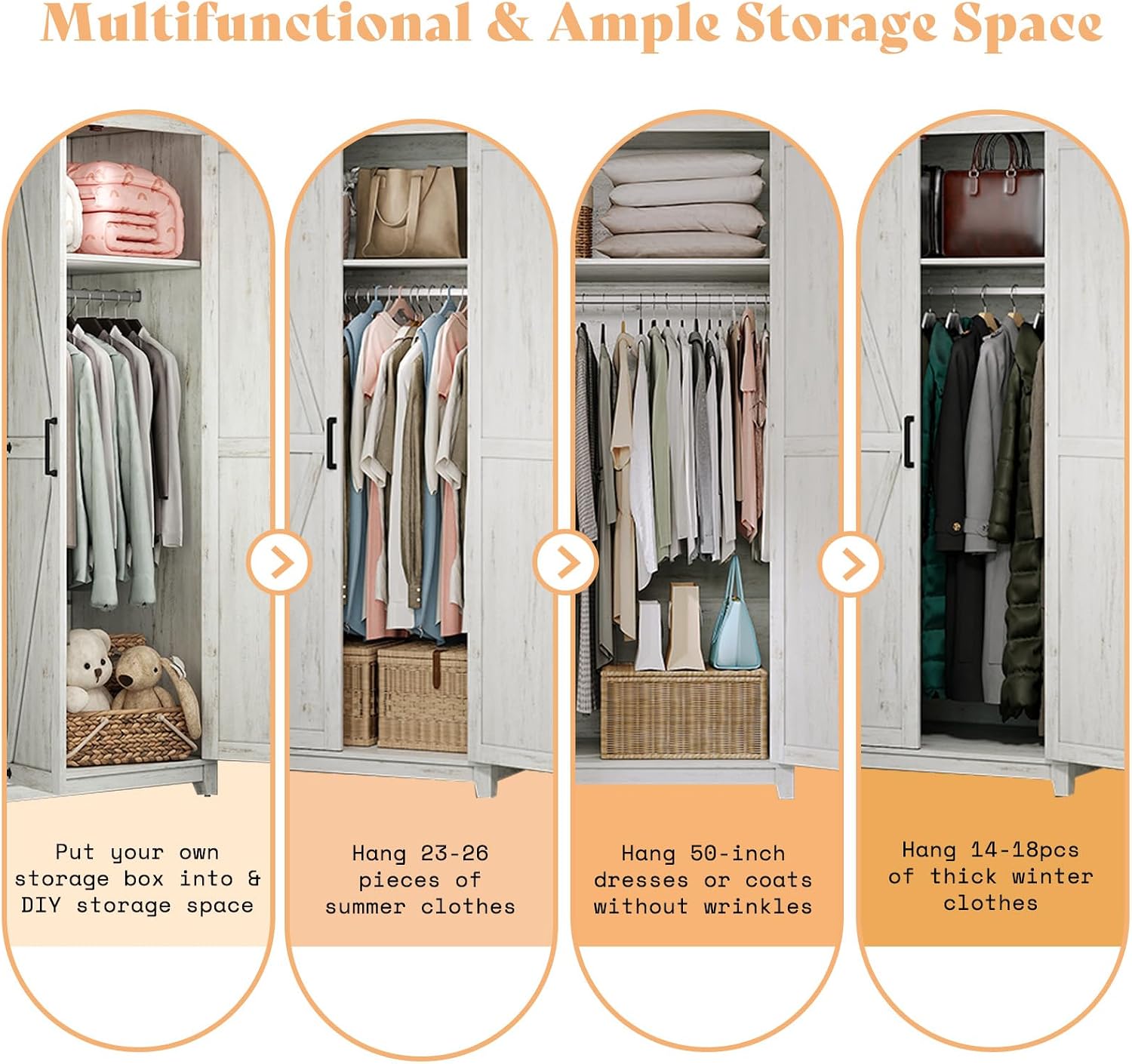 AMERLIFE 71" Farmhouse Wardrobe Closet with Hanging Rod & Barn Doors | Large Armoire Storage Cabinet, Storage Shelf, Versatile Clothing Organizer, Anti-Tip Kit, for Bedroom, White