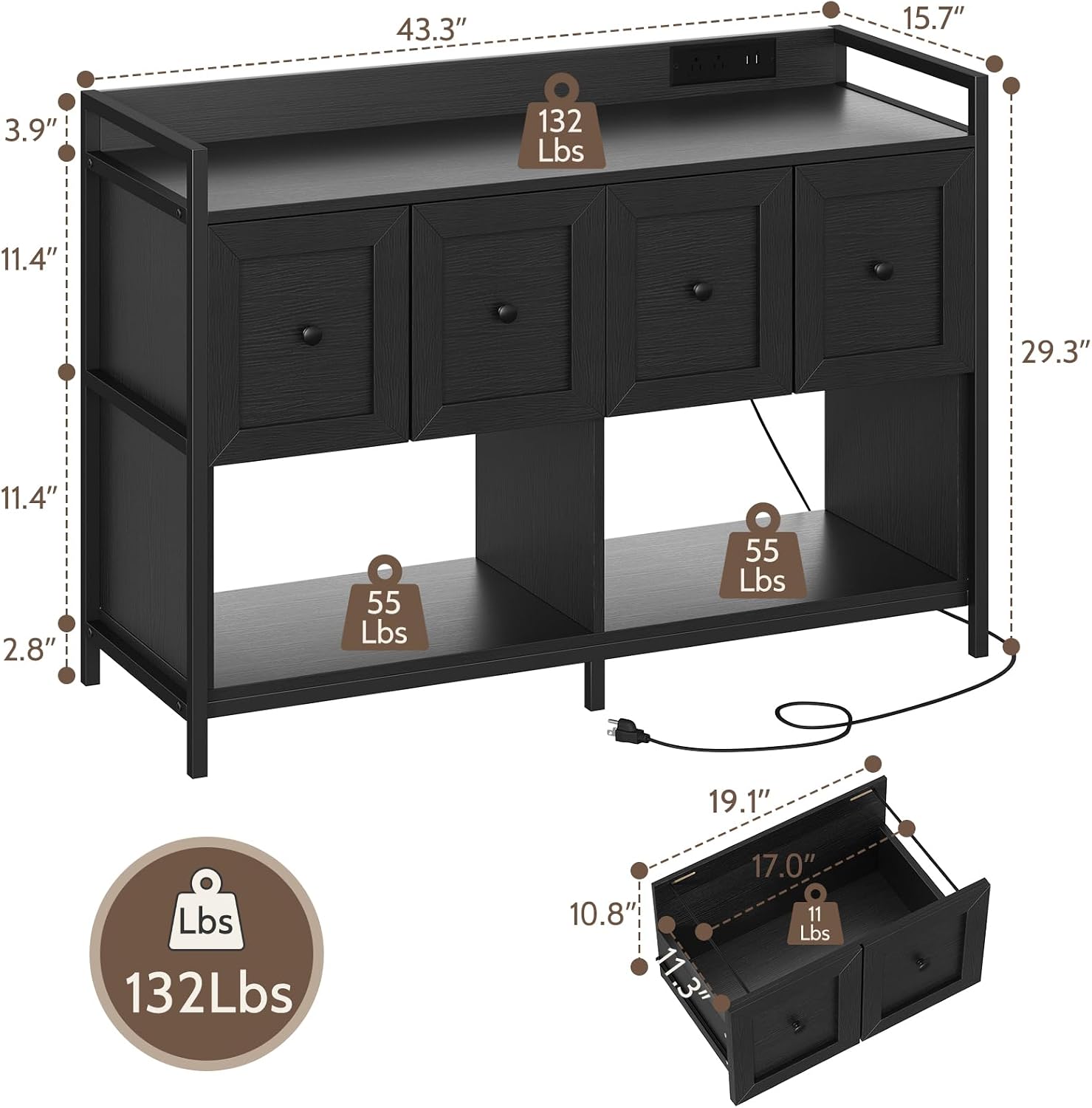 Filing Cabinet for Home Office, 43" Wood File Cabinet with Power Outlet, 2 Drawers, 2 Open Storage Shelves, Black Lateral File Storage Fits Legal/Letter/A4 Size, Printer Stand with Bookshelf Organizer