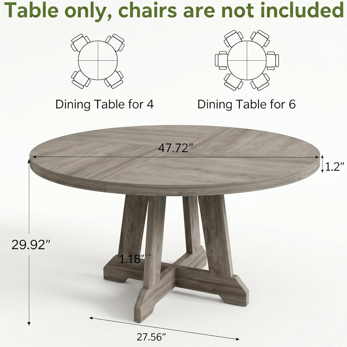 IDEALHOUSE Round Dining Table for 4, 47 Inches Dining Room Table with Wooden Base, Kitchen Table with Circle Tabletop, Dinner Table for Dining Room, Kitchen, Living Room, Grey