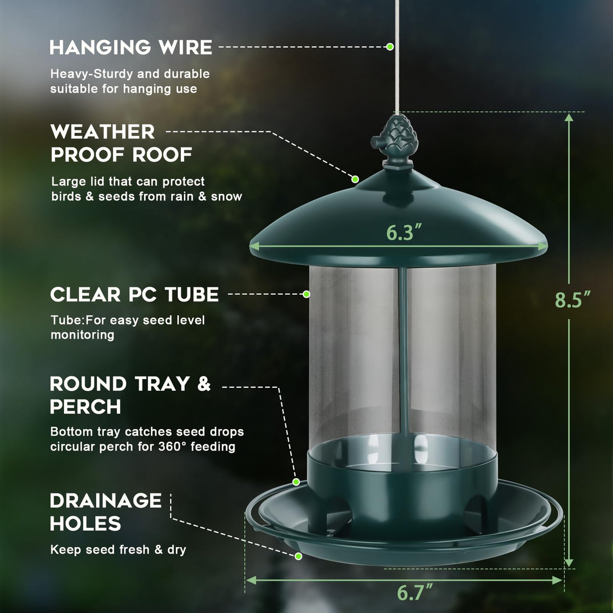 Gbekery Metal Bird Feeders for Outdoors Hanging, Weather Resistant Wild Bird Feeder with 360 Degree Feeding Tray, Green