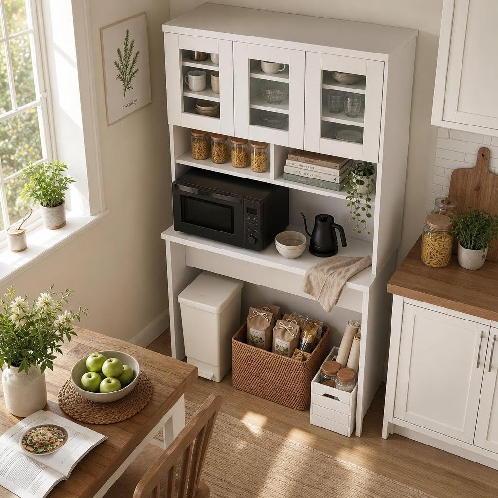 Garvee 71.5" Kitchen Cabinet with Trash Can Storage, Kitchen Trash Can Cabinet with Microwave Stand, 35.4" Wide Kitchen Pantry with Garbage Storage for Dining Room