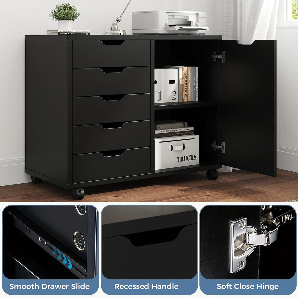 DUMOS 5-Drawer Mobile File Cabinet, Wooden Printer Stand with Storage | Under Desk Cabinets with Adjustable Shelf & Wheels for Home Office Organizer Storage Craft Room, Black