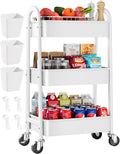 3 Tier Rolling Storage Cart with Wheels for Pantry Floor Organzier, Metal Utility Roller Trolley on Lockable Wheels, Three Tiered Snack Carts for Laundry, Kitchen Organziers, Art, Craft, Book, White