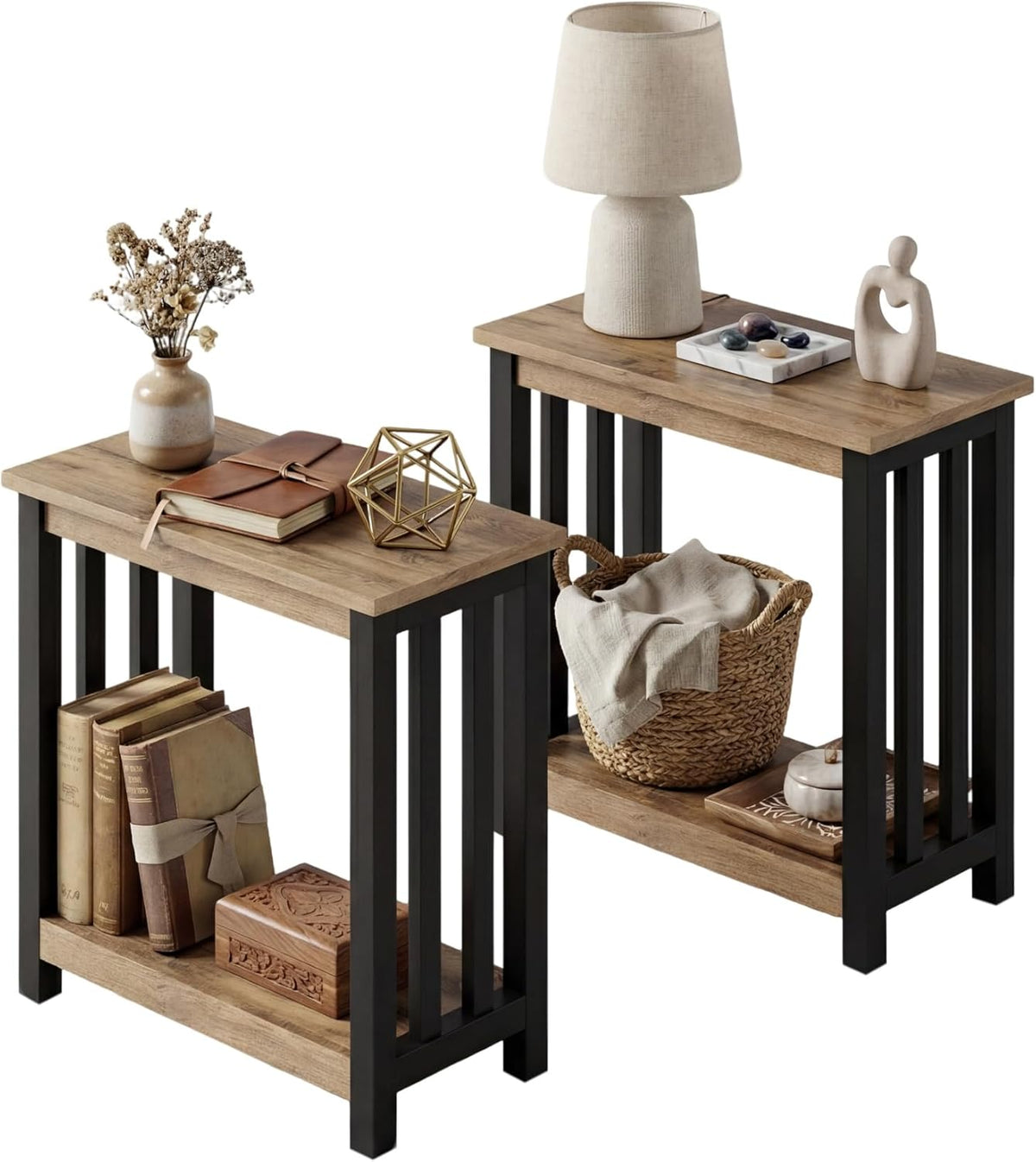 ChooChoo Mission End Tables Set of 2, Narrow Side Tables for Small Spaces, Night Stands with Storage Shelf for Living Room and Bedroom, Rustic Oak & Black