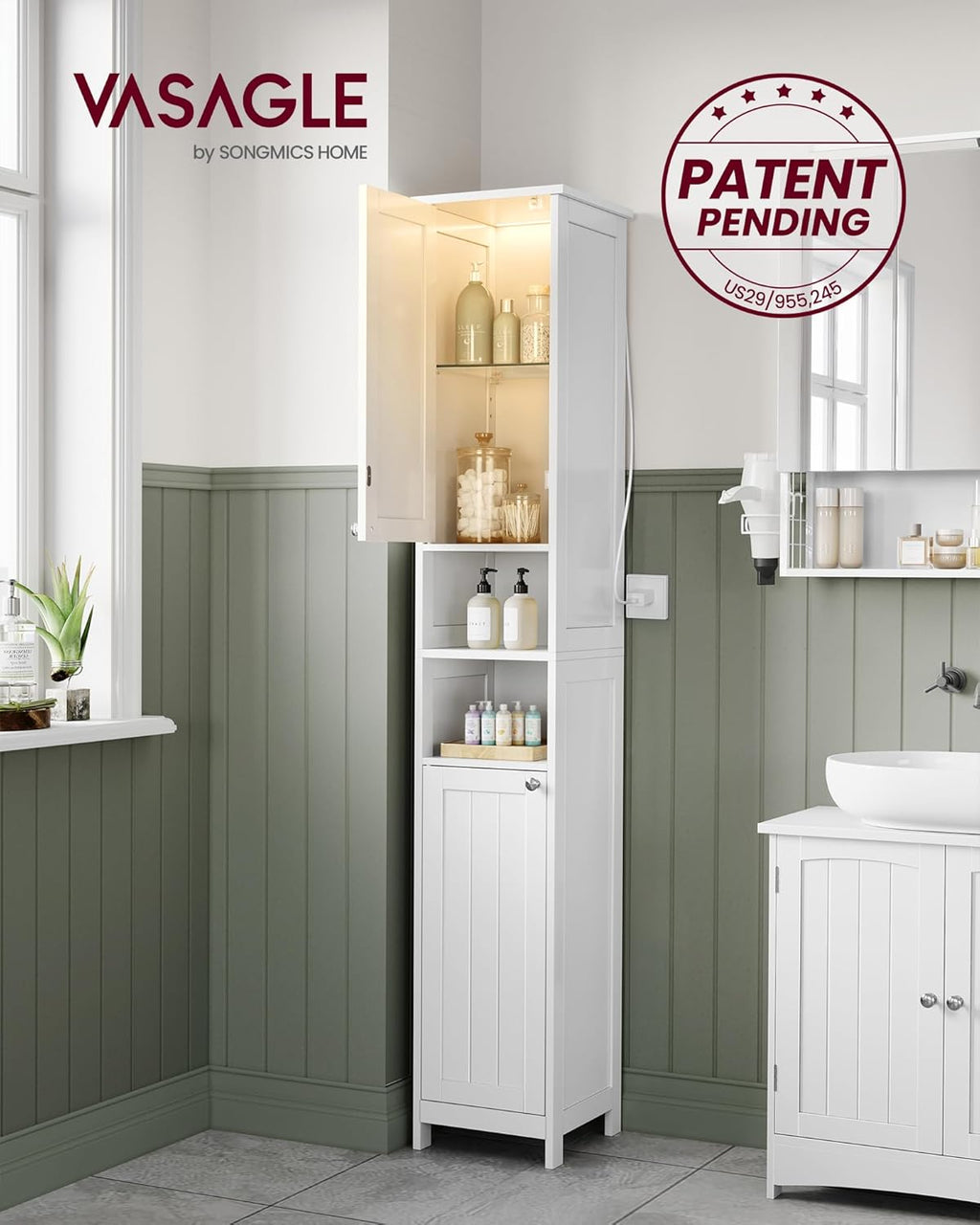 VASAGLE Tall Storage Cabinet with Lights, Slim Freestanding Cabinet with Adjustable Shelves, for Small Spaces, Bathroom, Living Room, Modern, 11.8 Inches Wide, Cloud White UBBC566W02V1