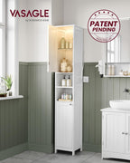 VASAGLE Tall Storage Cabinet with Lights, Slim Freestanding Cabinet with Adjustable Shelves, for Small Spaces, Bathroom, Living Room, Modern, 11.8 Inches Wide, Cloud White UBBC566W02V1