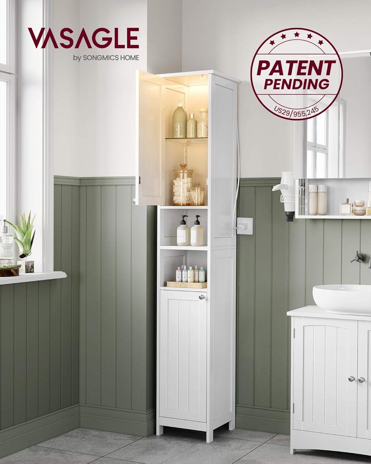 VASAGLE Tall Storage Cabinet with Lights, Slim Freestanding Cabinet with Adjustable Shelves, for Small Spaces, Bathroom, Living Room, Modern, 11.8 Inches Wide, Cloud White UBBC566W02V1