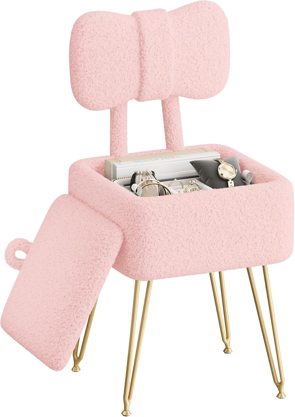 Small Vanity Stool Chair with Storage and Foldable Back, Pink | Soft Storage Ottoman, Footrest Stool, Teddy Fleece Vanity Stool for Makeup, Bedroom, Living Room