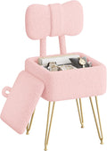Small Vanity Stool Chair with Storage and Foldable Back, Pink | Soft Storage Ottoman, Footrest Stool, Teddy Fleece Vanity Stool for Makeup, Bedroom, Living Room